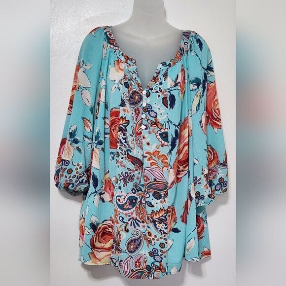 Fig and flower anthropogie turquoise floral print blouse. Size 3X - Picture 1 of 6